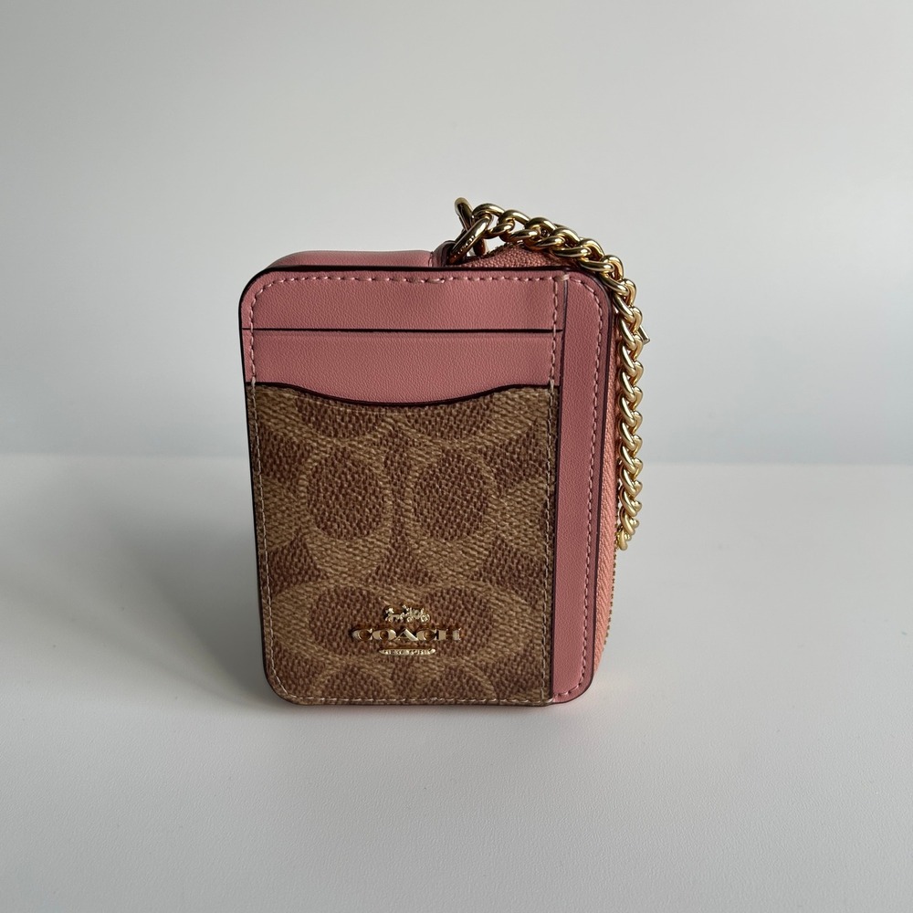 Coach Zip Card Case Tan Dusty Pink Signature Canvas Wallet CW883